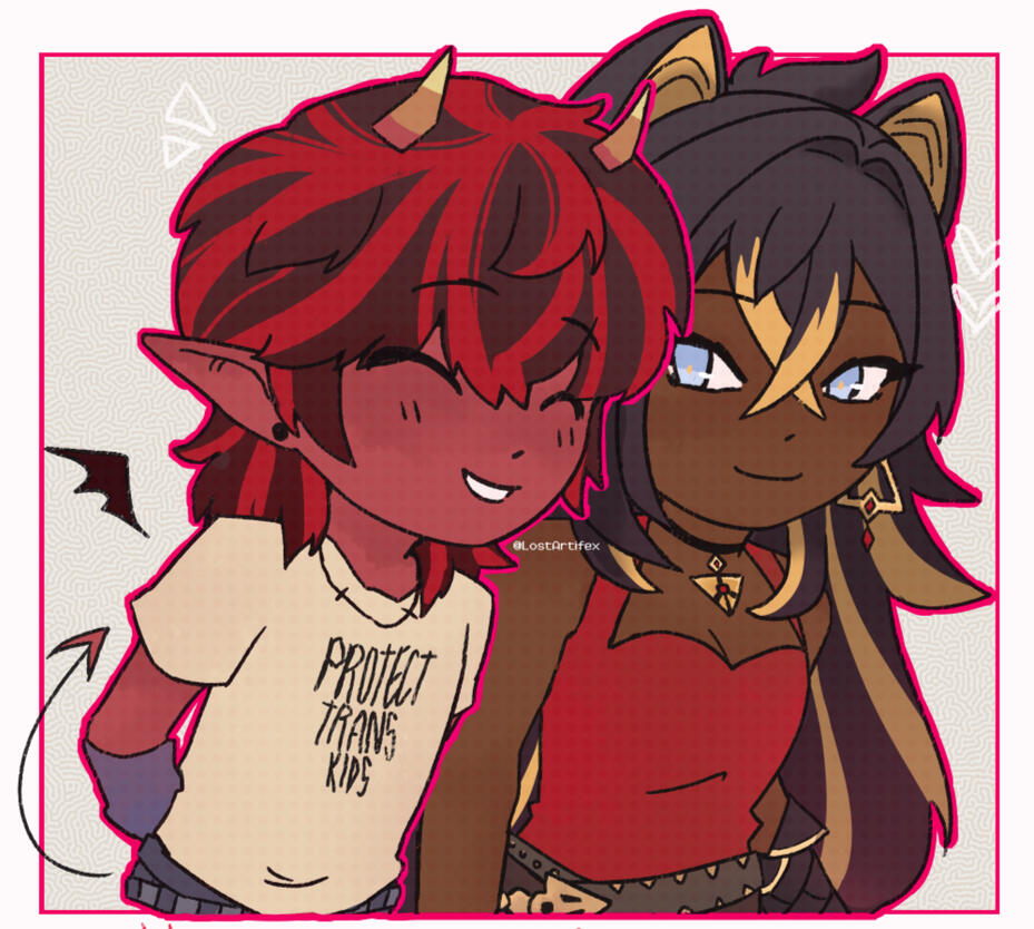 My persona smiling next to Dehya from Genshin impact