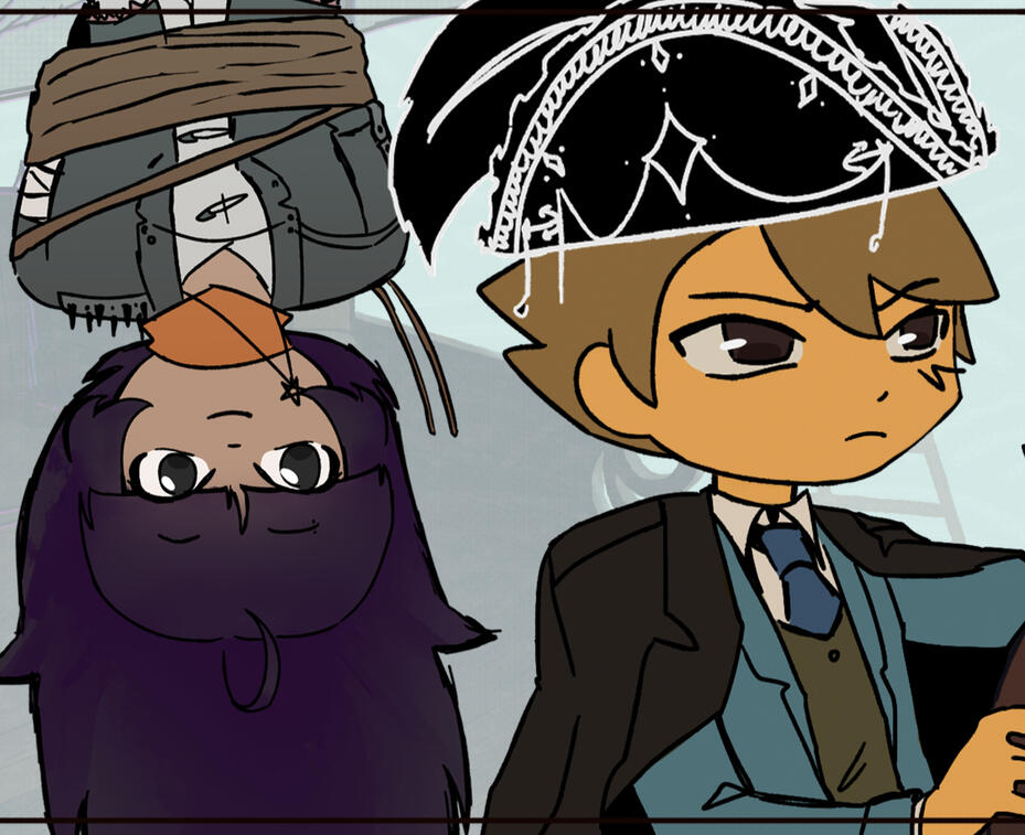Hitotsume hangs upside down while Clive steers the pirate ship